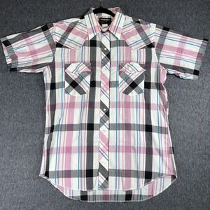 Wrangler Pearl Snap Shirt Mens L Short Sleeve Plaid Western Cotton Pink Blue